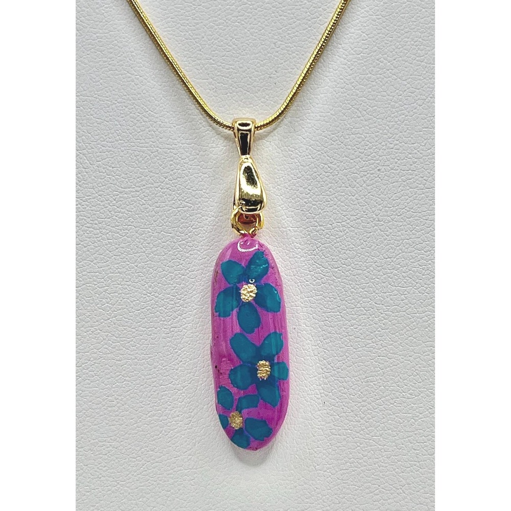 Polymer Clay Floral Bar Pendant Necklace, Boho Cottagecore Art Jewelry Colorful - Picture 2 of 5